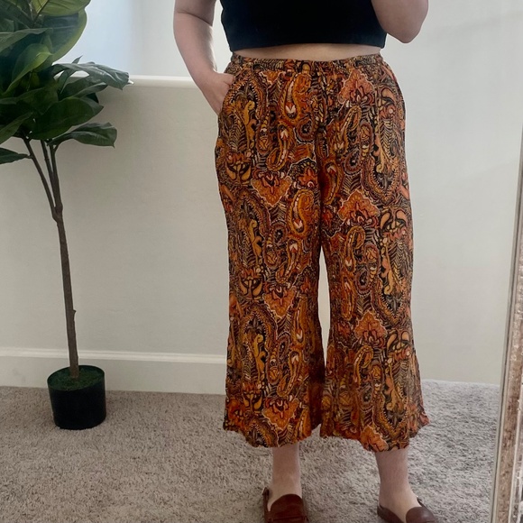 Palazzo Paisley Hipster Hippie Artsy Boho Bohemian Girly Wide Pullon Crop Pants - Picture 2 of 5